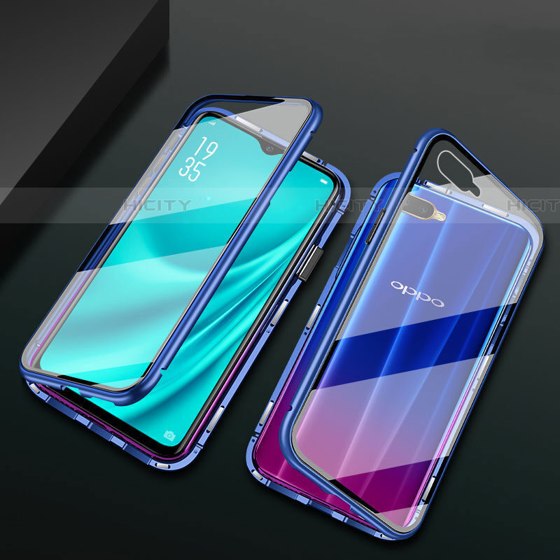 Custodia Lusso Alluminio Laterale Specchio 360 Gradi Cover T01 per Oppo R17 Neo Blu