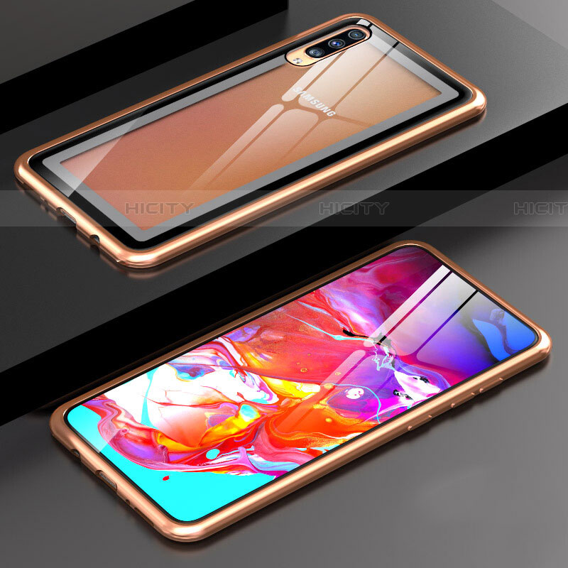 Custodia Lusso Alluminio Laterale Specchio 360 Gradi Cover T01 per Samsung Galaxy A70S Oro