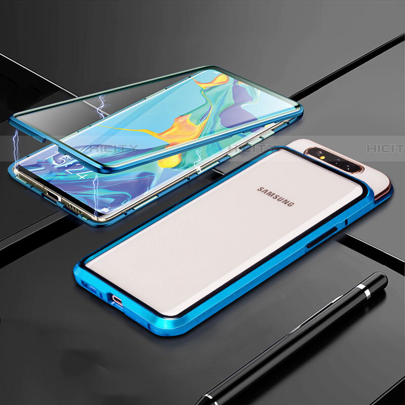 Custodia Lusso Alluminio Laterale Specchio 360 Gradi Cover T01 per Samsung Galaxy A80 Blu