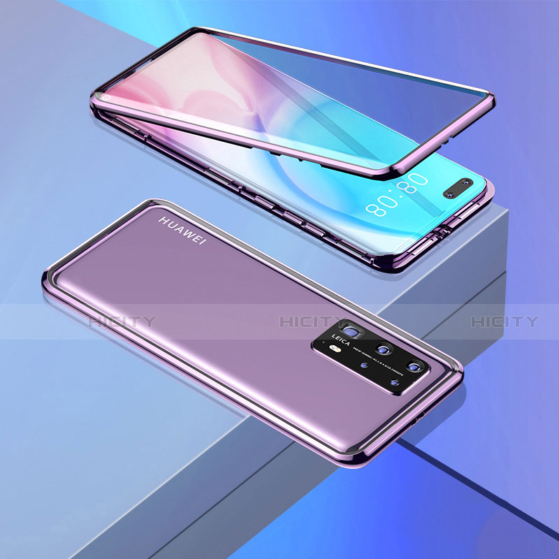 Custodia Lusso Alluminio Laterale Specchio 360 Gradi Cover T02 per Huawei P40 Pro+ Plus Viola