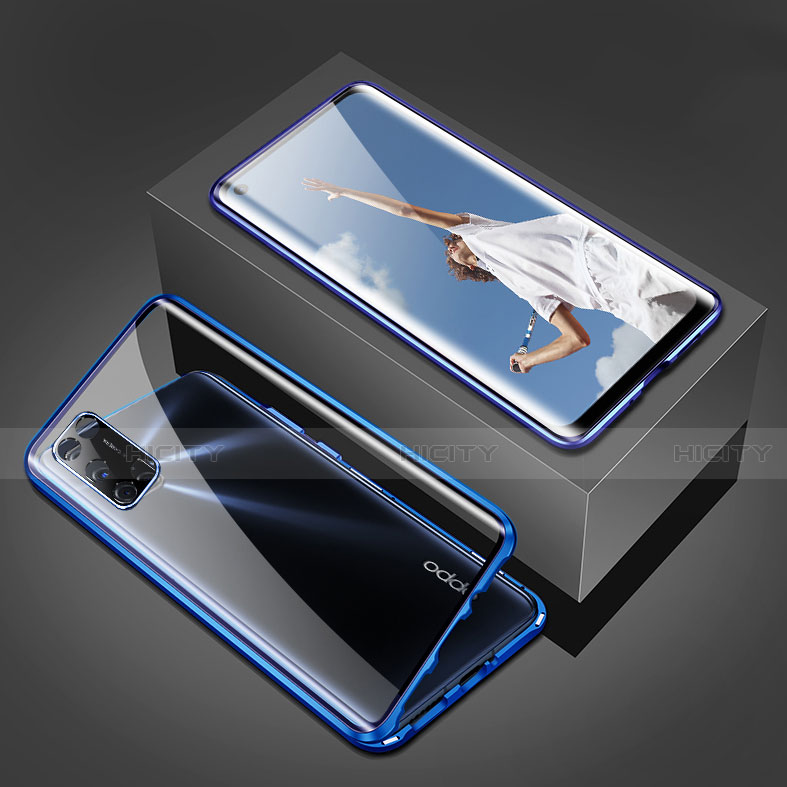 Custodia Lusso Alluminio Laterale Specchio 360 Gradi Cover T02 per Oppo A92 Blu