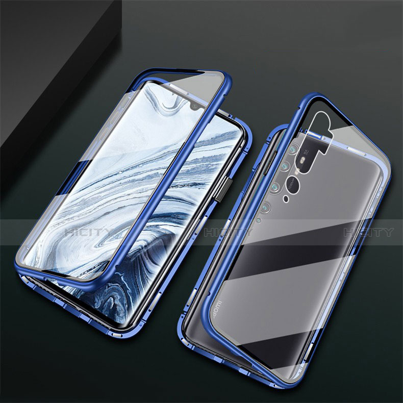 Custodia Lusso Alluminio Laterale Specchio 360 Gradi Cover T02 per Xiaomi Mi Note 10 Pro Blu