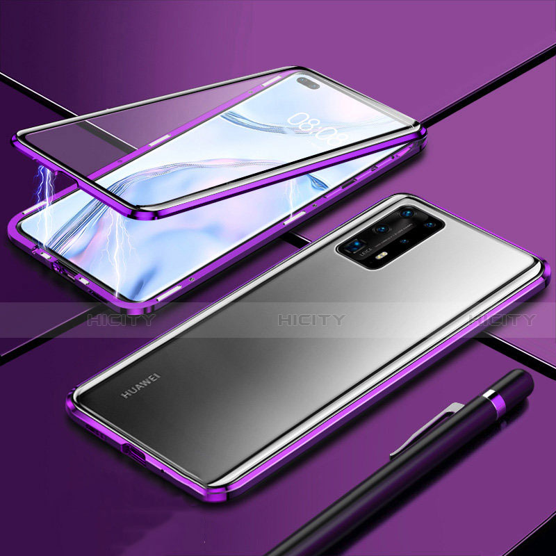 Custodia Lusso Alluminio Laterale Specchio 360 Gradi Cover T04 per Huawei P40 Pro+ Plus Viola