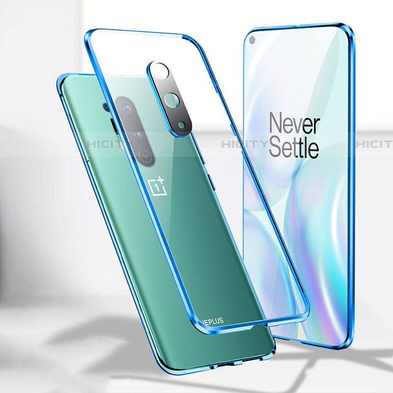 Custodia Lusso Alluminio Laterale Specchio 360 Gradi Cover T04 per OnePlus 8 Pro Blu