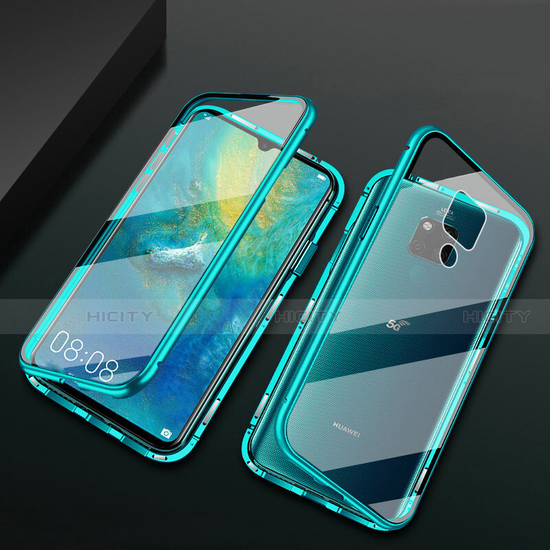 Custodia Lusso Alluminio Laterale Specchio 360 Gradi Cover T05 per Huawei Mate 20 X 5G Ciano