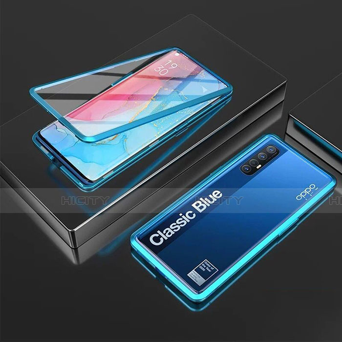 Custodia Lusso Alluminio Laterale Specchio 360 Gradi Cover T05 per Oppo Reno3 Pro Blu