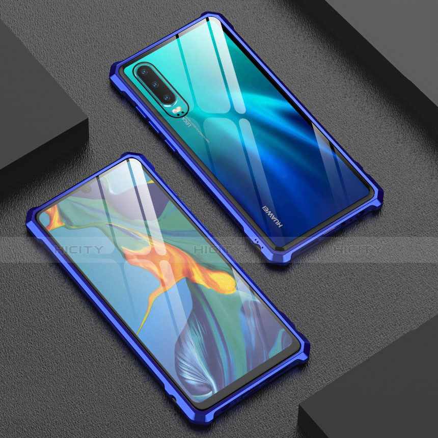 Custodia Lusso Alluminio Laterale Specchio Cover per Huawei P30 Blu