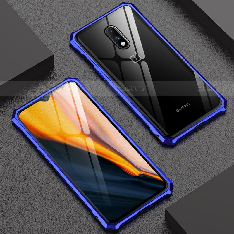 Custodia Lusso Alluminio Laterale Specchio Cover per OnePlus 7 Blu