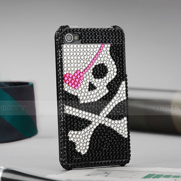 Custodia Lusso Diamante Strass Gioielli Teschio per Apple iPhone 4 Nero