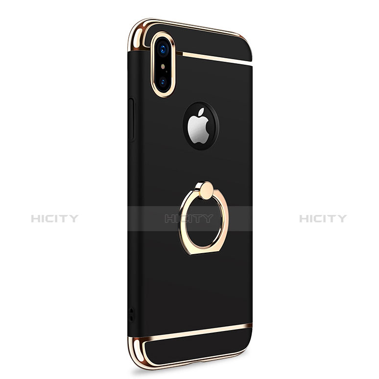 Custodia Lusso Metallo Laterale e Plastica con Anello Supporto F02 per Apple iPhone Xs Nero