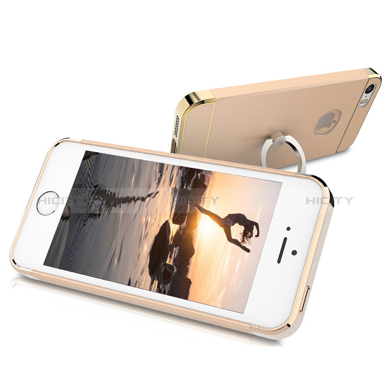 Custodia Lusso Metallo Laterale e Plastica con Anello Supporto per Apple iPhone SE Oro