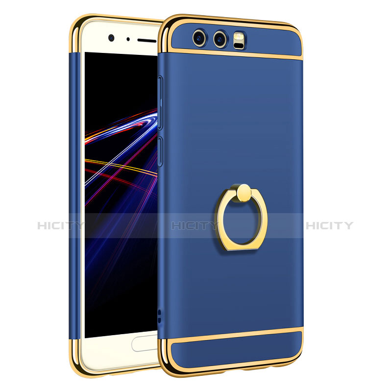 Custodia Lusso Metallo Laterale e Plastica Cover con Anello Supporto A01 per Huawei Honor 9 Blu