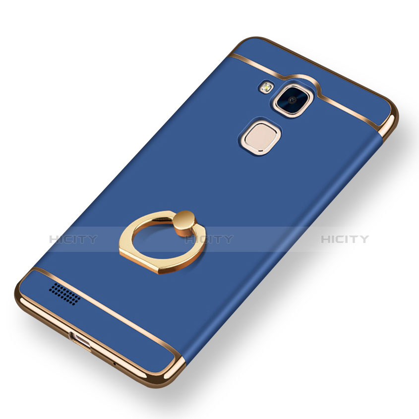 Custodia Lusso Metallo Laterale e Plastica Cover con Anello Supporto A01 per Huawei Mate 7 Blu