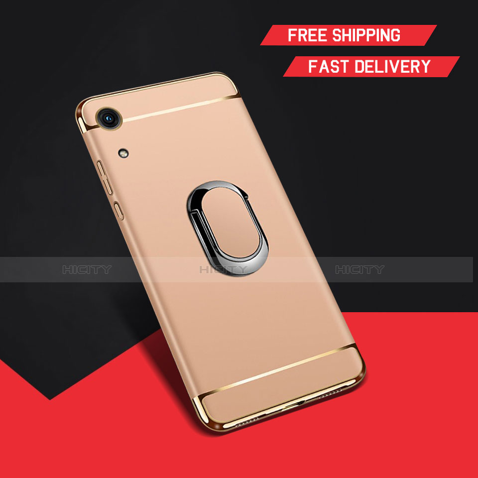 Custodia Lusso Metallo Laterale e Plastica Cover con Anello Supporto A01 per Huawei Y6 Prime (2019) Oro