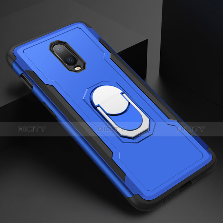 Custodia Lusso Metallo Laterale e Plastica Cover con Anello Supporto A01 per OnePlus 6T Blu