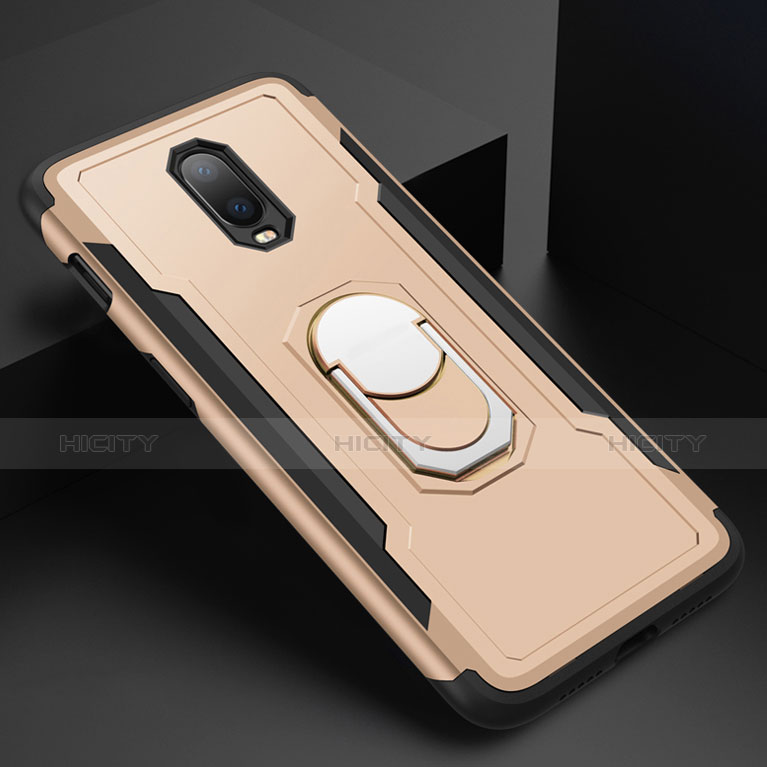 Custodia Lusso Metallo Laterale e Plastica Cover con Anello Supporto A01 per OnePlus 6T Oro