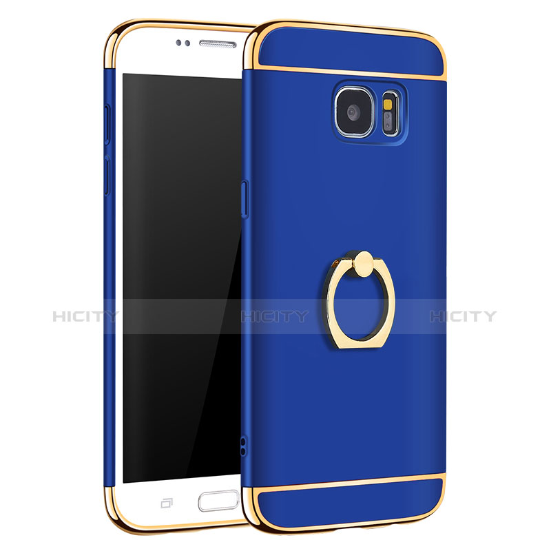 Custodia Lusso Metallo Laterale e Plastica Cover con Anello Supporto A01 per Samsung Galaxy S7 Edge G935F Blu