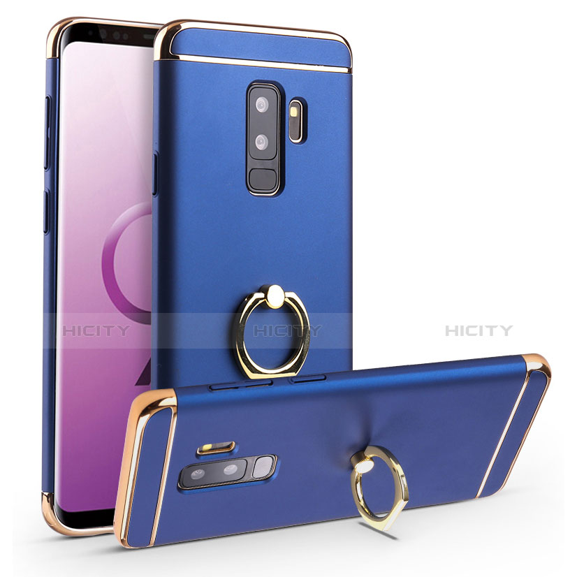 Custodia Lusso Metallo Laterale e Plastica Cover con Anello Supporto A01 per Samsung Galaxy S9 Plus Blu