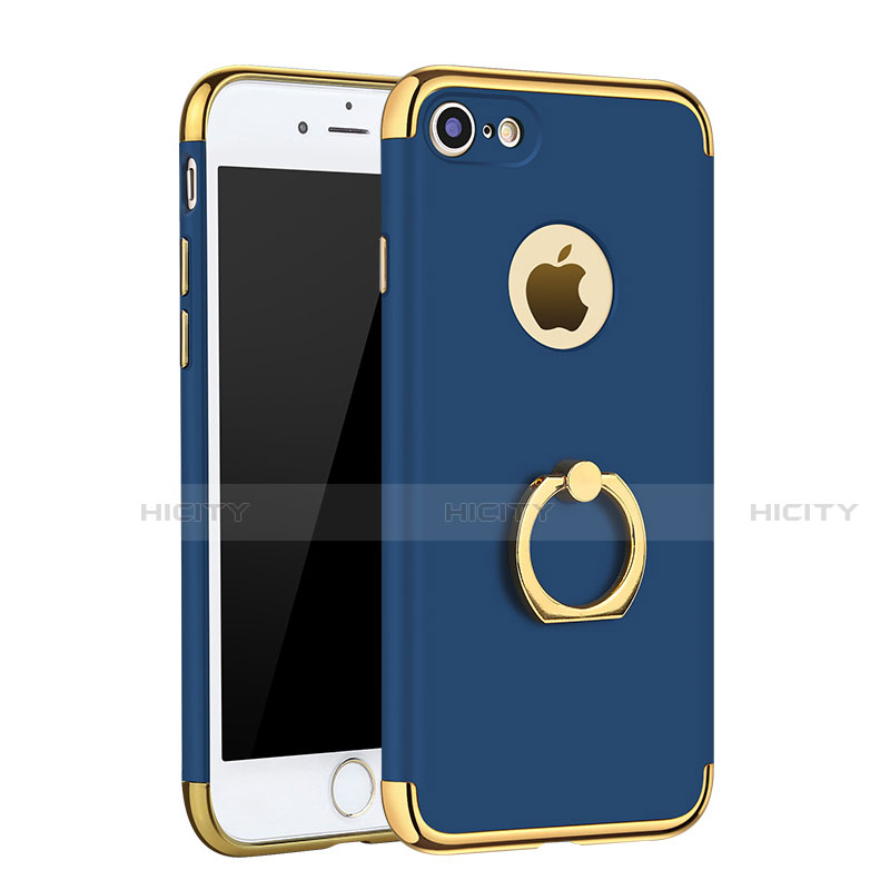 Custodia Lusso Metallo Laterale e Plastica Cover con Anello Supporto A02 per Apple iPhone SE (2020) Blu