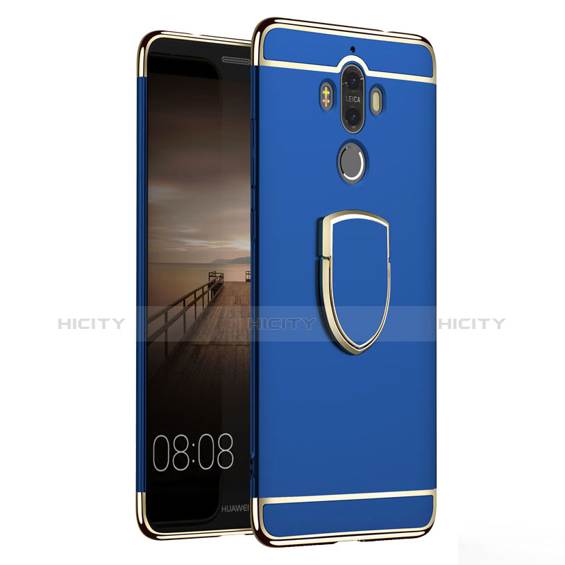 Custodia Lusso Metallo Laterale e Plastica Cover con Anello Supporto A02 per Huawei Mate 9 Blu