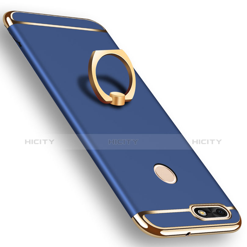 Custodia Lusso Metallo Laterale e Plastica Cover con Anello Supporto A06 per Huawei Y6 Pro (2017) Blu