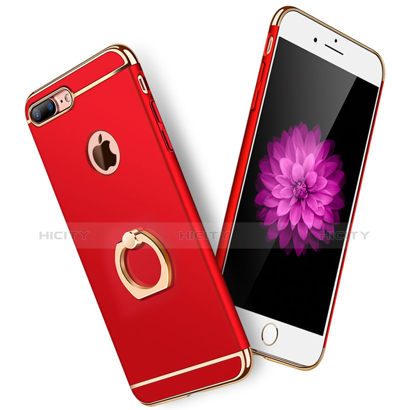 Custodia Lusso Metallo Laterale e Plastica Cover con Anello Supporto e Cordoncino A01 per Apple iPhone 7 Plus Rosso