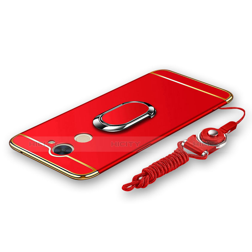 Custodia Lusso Metallo Laterale e Plastica Cover con Anello Supporto e Cordoncino per Huawei Enjoy 7 Plus Rosso