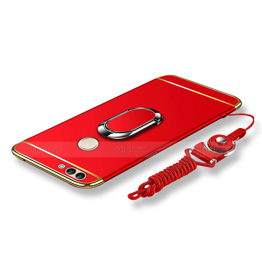 Custodia Lusso Metallo Laterale e Plastica Cover con Anello Supporto e Cordoncino per Huawei Enjoy 7S Rosso