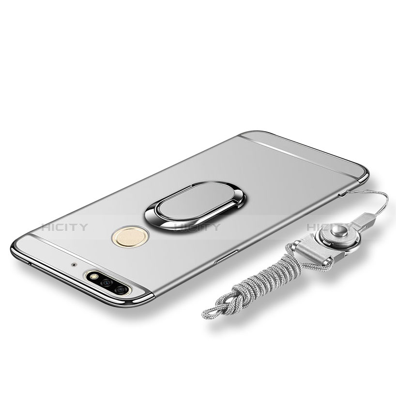 Custodia Lusso Metallo Laterale e Plastica Cover con Anello Supporto e Cordoncino per Huawei Enjoy 8 Argento