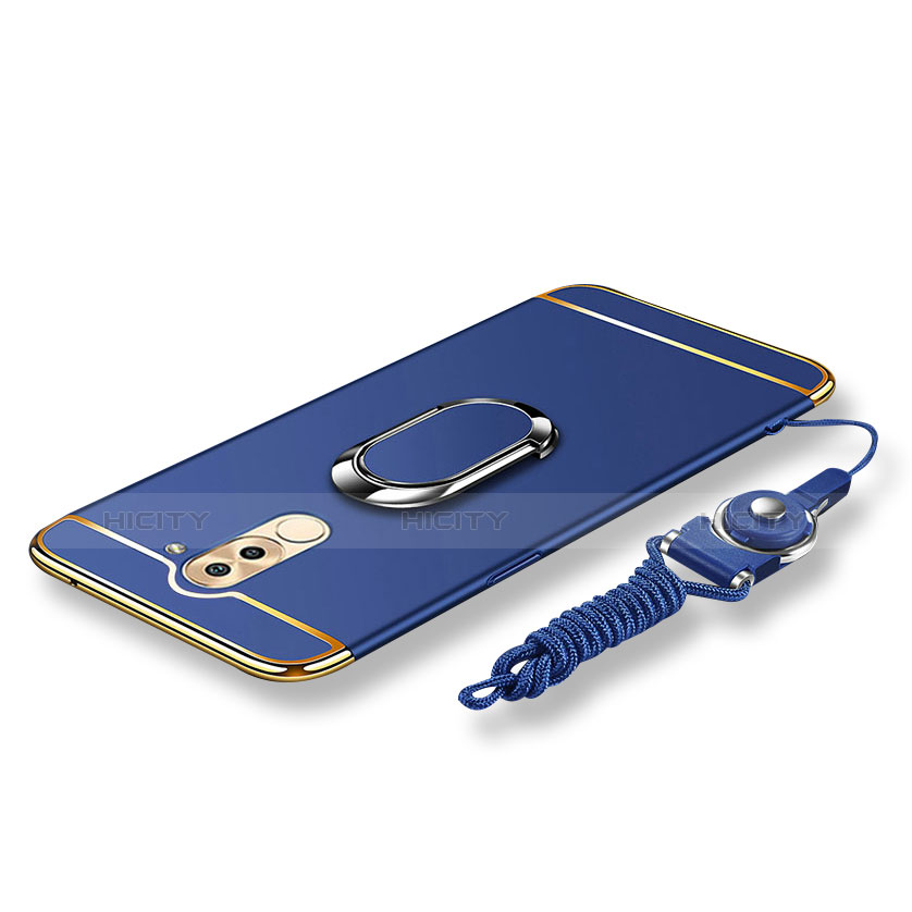 Custodia Lusso Metallo Laterale e Plastica Cover con Anello Supporto e Cordoncino per Huawei GR5 (2017) Blu