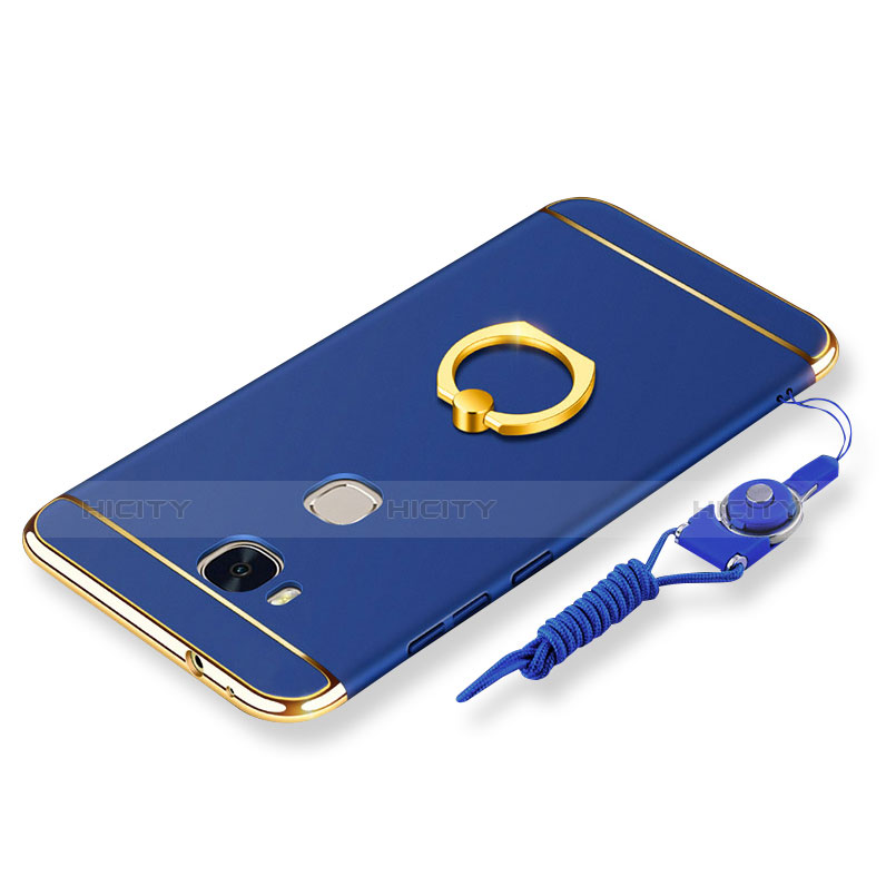 Custodia Lusso Metallo Laterale e Plastica Cover con Anello Supporto e Cordoncino per Huawei GR5 Blu