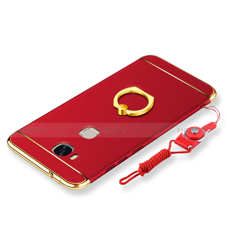 Custodia Lusso Metallo Laterale e Plastica Cover con Anello Supporto e Cordoncino per Huawei GR5 Rosso