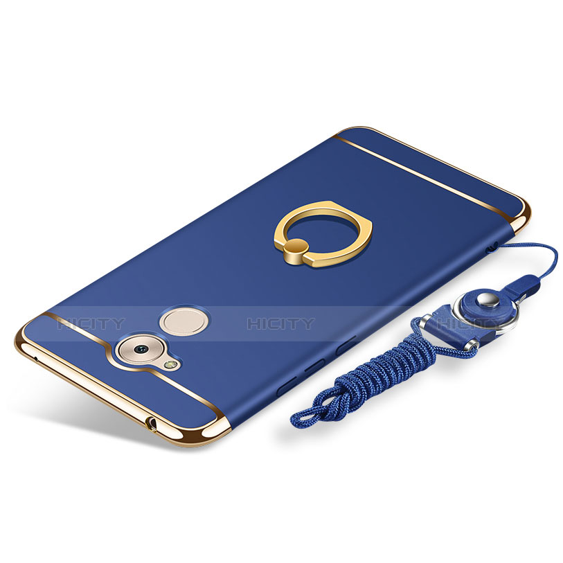 Custodia Lusso Metallo Laterale e Plastica Cover con Anello Supporto e Cordoncino per Huawei Honor 6C Blu