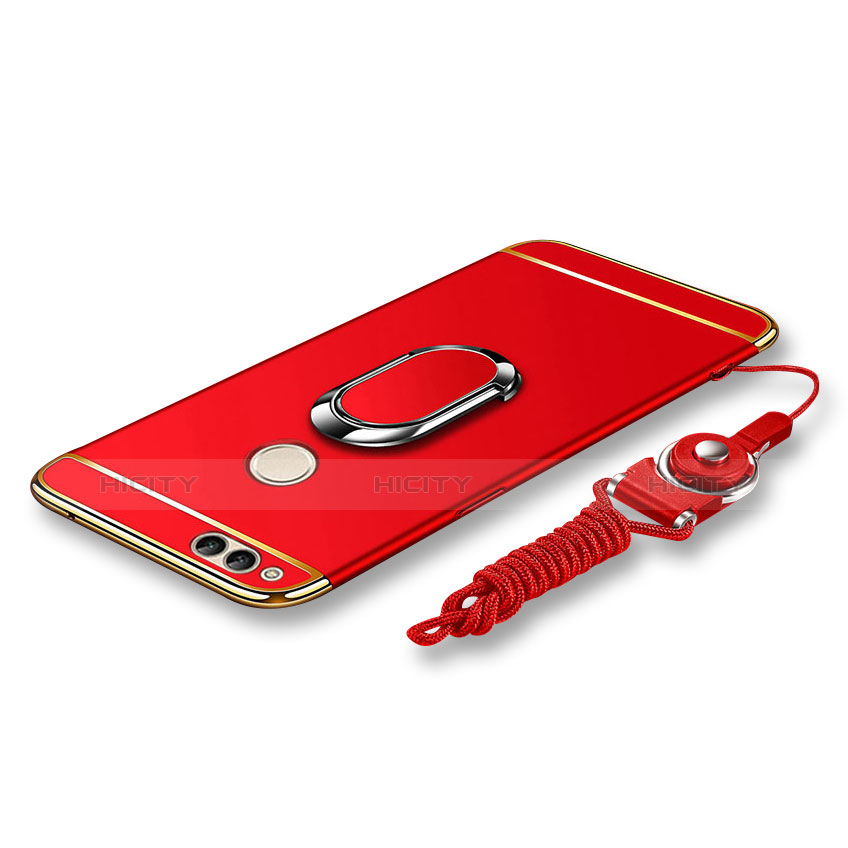 Custodia Lusso Metallo Laterale e Plastica Cover con Anello Supporto e Cordoncino per Huawei Honor 7X Rosso