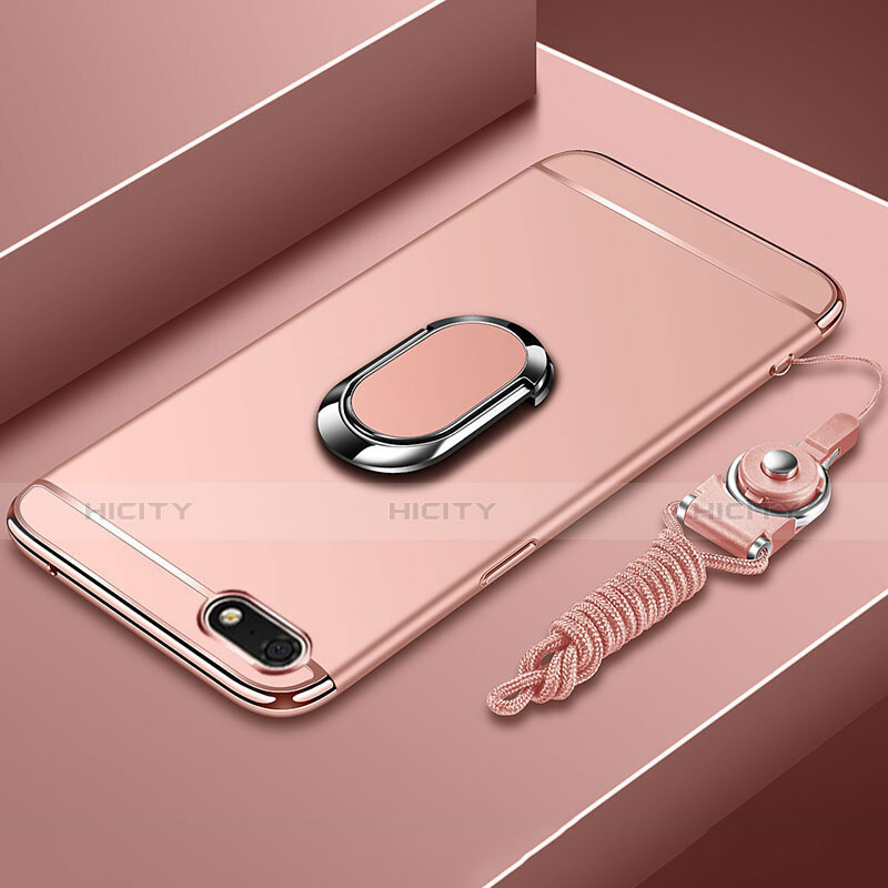 Custodia Lusso Metallo Laterale e Plastica Cover con Anello Supporto e Cordoncino per Huawei Honor Play 7 Oro Rosa