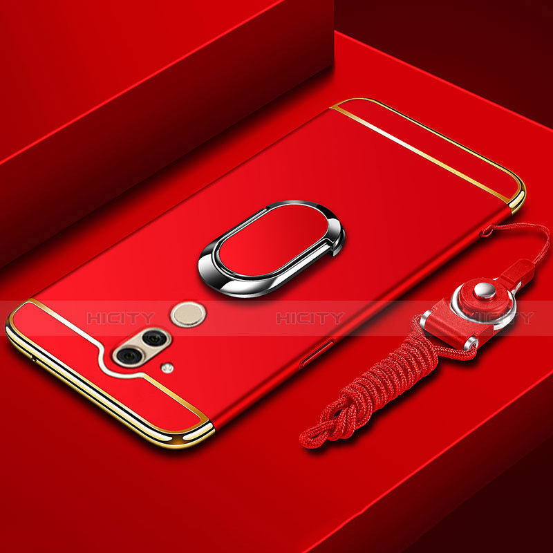 Custodia Lusso Metallo Laterale e Plastica Cover con Anello Supporto e Cordoncino per Huawei Mate 20 Lite Rosso