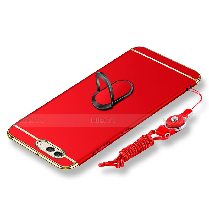 Custodia Lusso Metallo Laterale e Plastica Cover con Anello Supporto e Cordoncino per Huawei Nova 2S Rosso