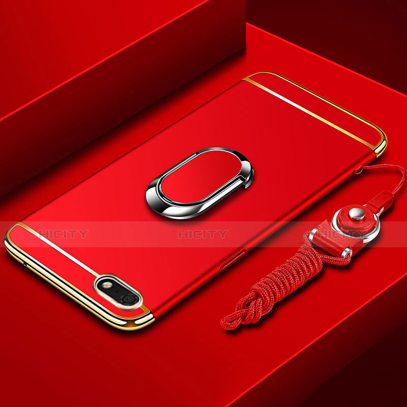 Custodia Lusso Metallo Laterale e Plastica Cover con Anello Supporto e Cordoncino per Huawei Y5 Prime (2018) Rosso