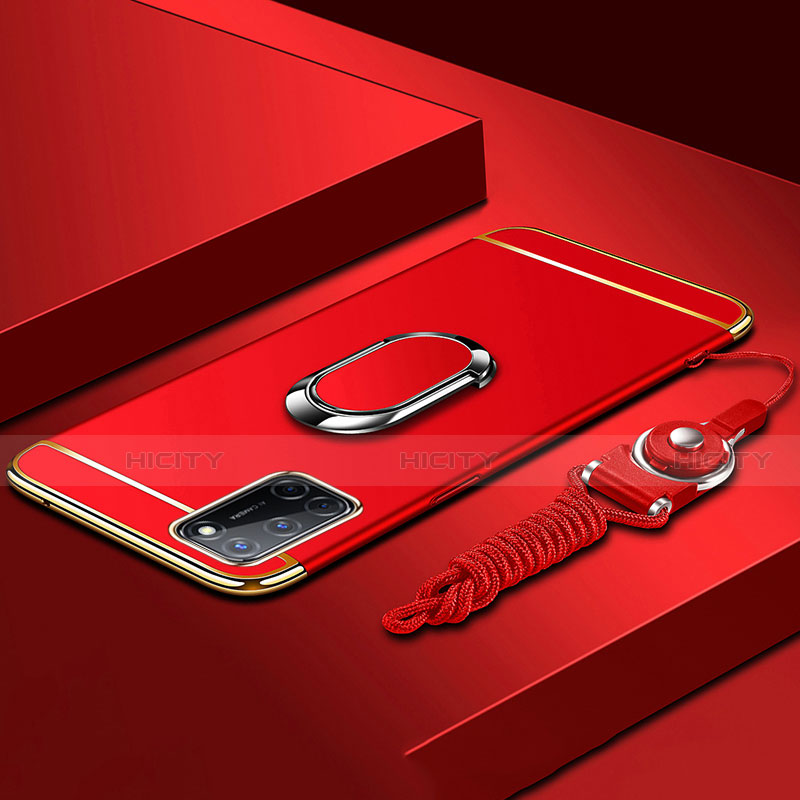 Custodia Lusso Metallo Laterale e Plastica Cover con Anello Supporto e Cordoncino per Oppo A52 Rosso