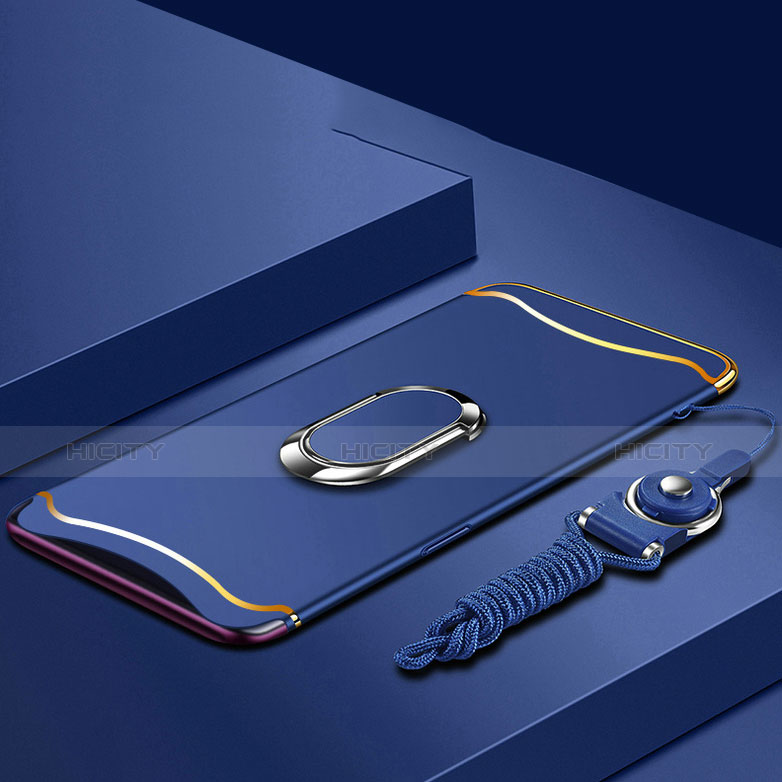 Custodia Lusso Metallo Laterale e Plastica Cover con Anello Supporto e Cordoncino per Oppo Find X Blu