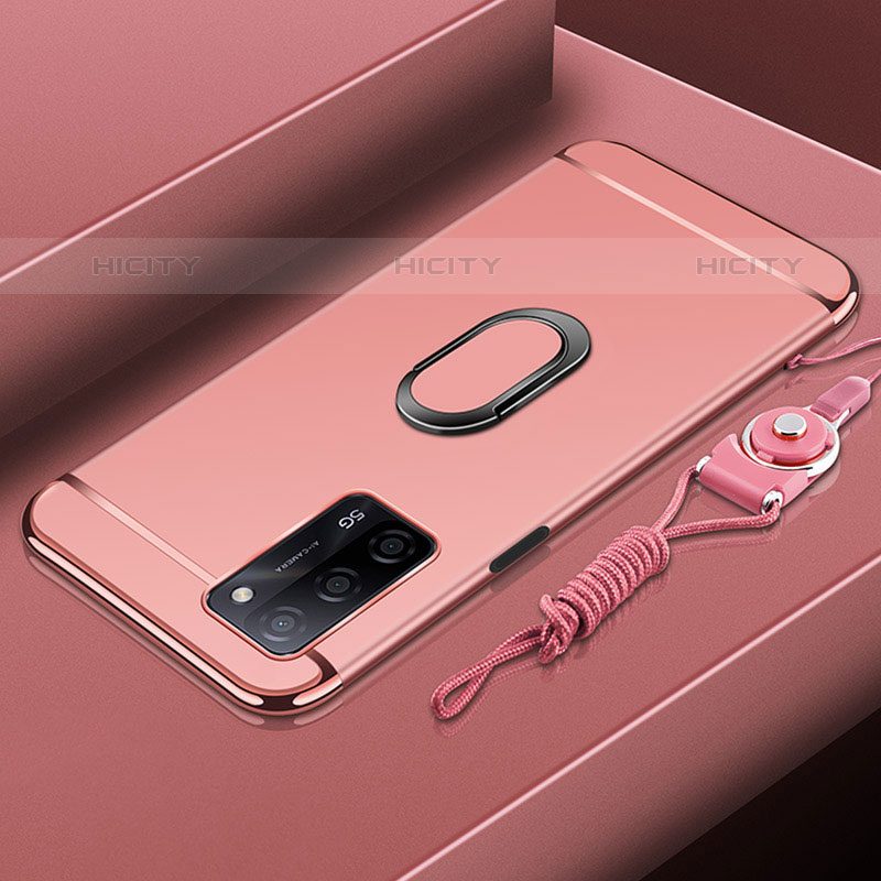 Custodia Lusso Metallo Laterale e Plastica Cover con Anello Supporto P01 per Oppo A53s 5G Oro Rosa