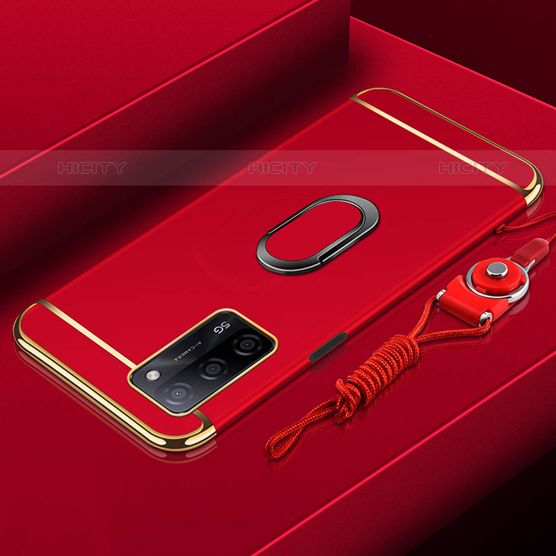 Custodia Lusso Metallo Laterale e Plastica Cover con Anello Supporto P01 per Oppo A53s 5G Rosso