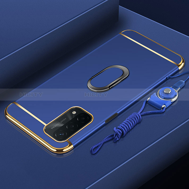 Custodia Lusso Metallo Laterale e Plastica Cover con Anello Supporto P01 per Oppo A74 5G Blu