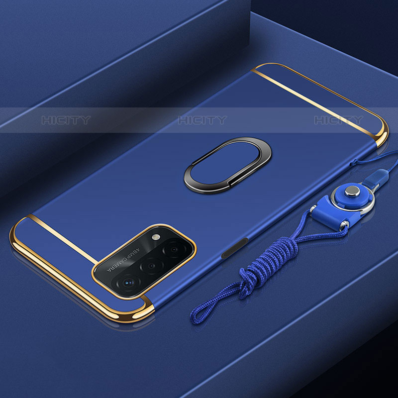 Custodia Lusso Metallo Laterale e Plastica Cover con Anello Supporto P01 per Oppo A93 5G Blu