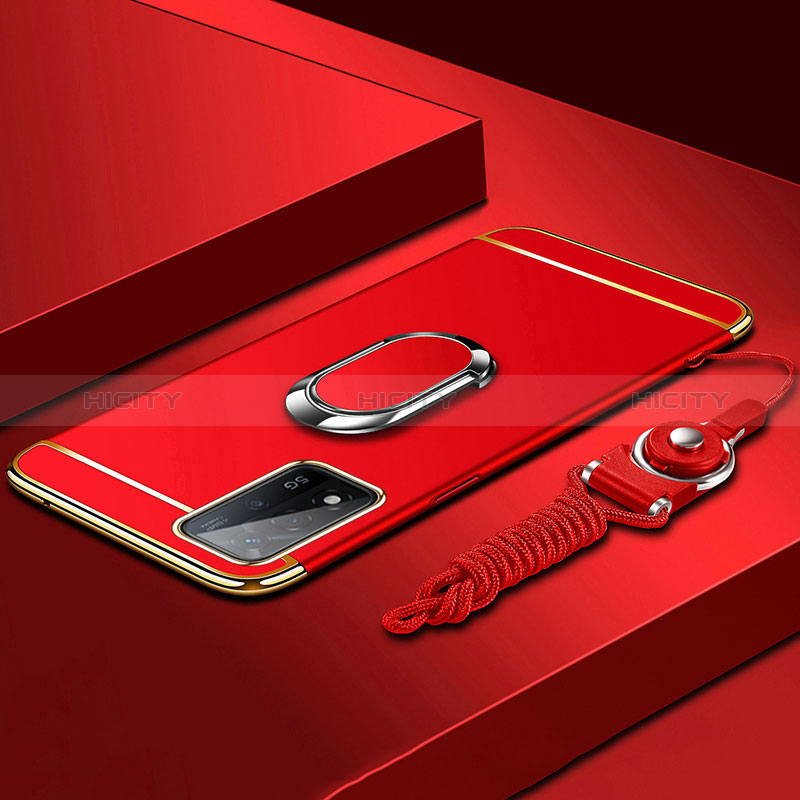 Custodia Lusso Metallo Laterale e Plastica Cover con Anello Supporto P01 per Oppo A93s 5G Rosso