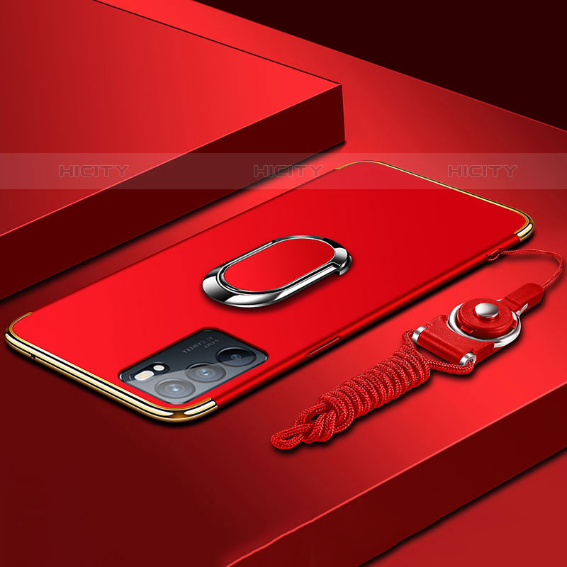 Custodia Lusso Metallo Laterale e Plastica Cover con Anello Supporto per Oppo Reno6 5G Rosso