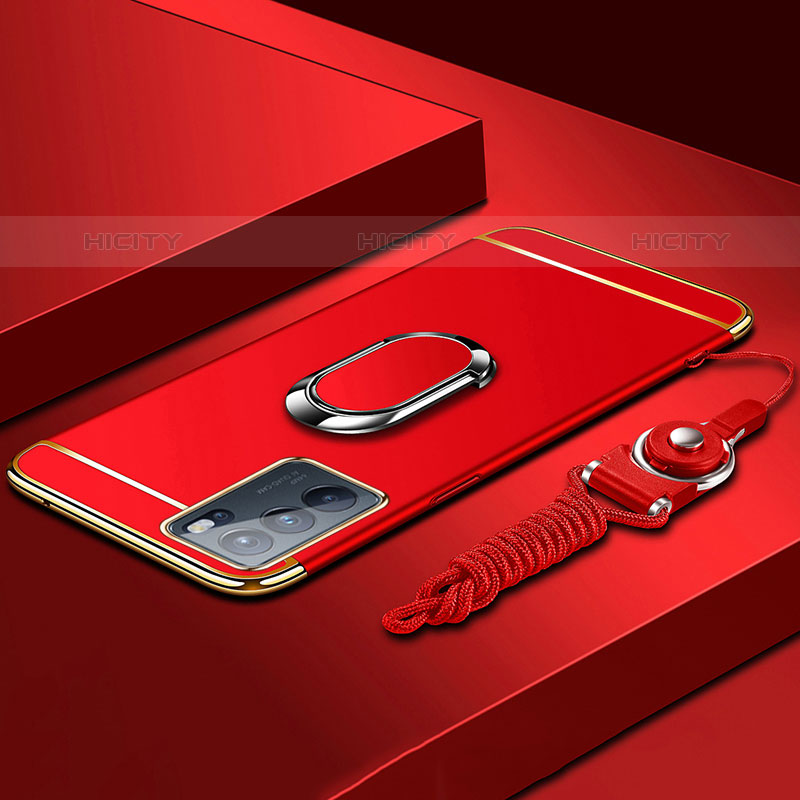 Custodia Lusso Metallo Laterale e Plastica Cover con Anello Supporto per Oppo Reno6 Pro 5G India Rosso