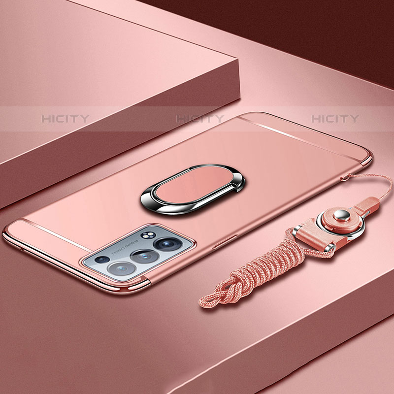 Custodia Lusso Metallo Laterale e Plastica Cover con Anello Supporto per Oppo Reno6 Pro 5G Oro Rosa