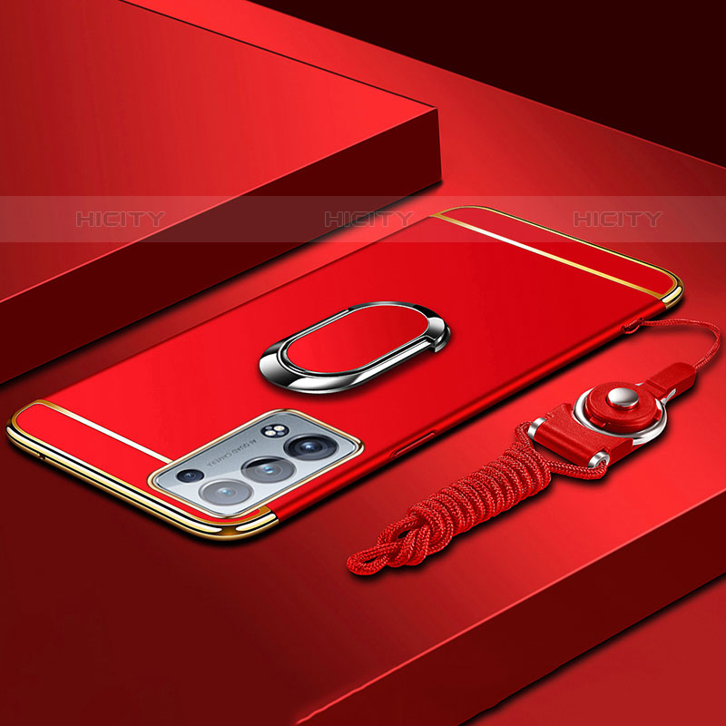 Custodia Lusso Metallo Laterale e Plastica Cover con Anello Supporto per Oppo Reno6 Pro 5G Rosso