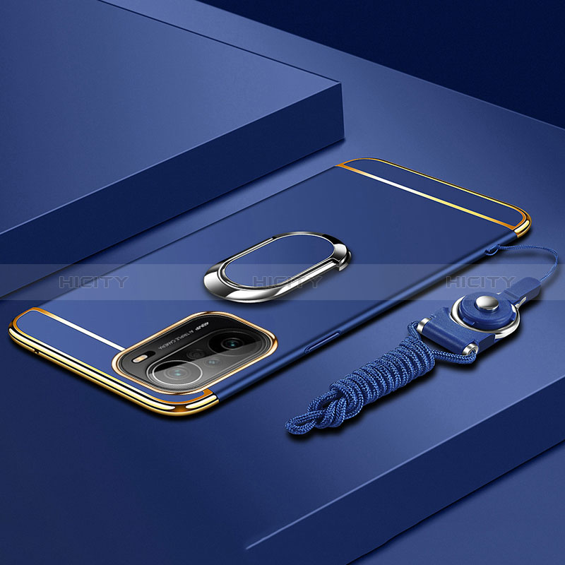 Custodia Lusso Metallo Laterale e Plastica Cover con Anello Supporto per Xiaomi Poco F3 5G Blu